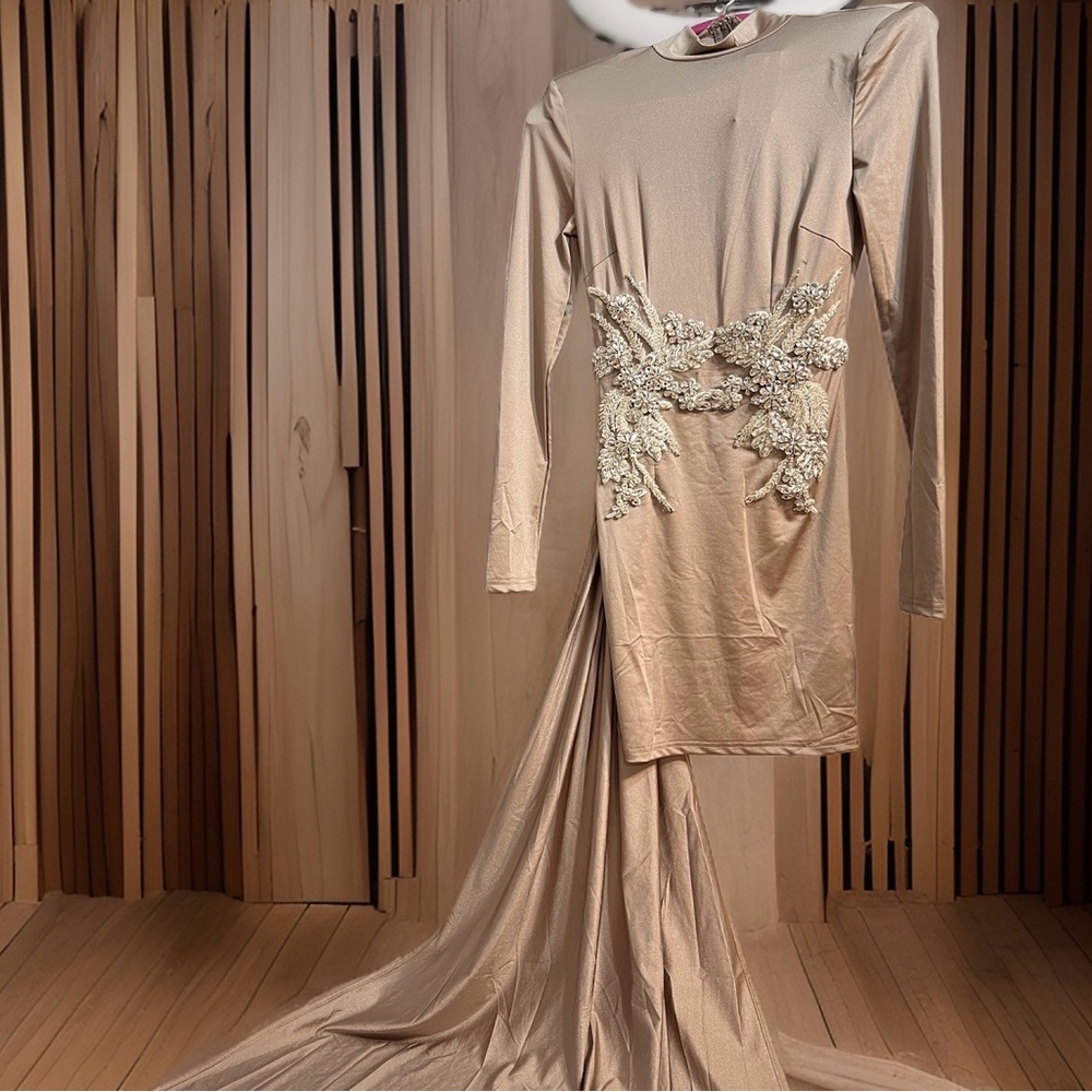 Champagne/ Tan Long Sleeve Mini Sash Dress